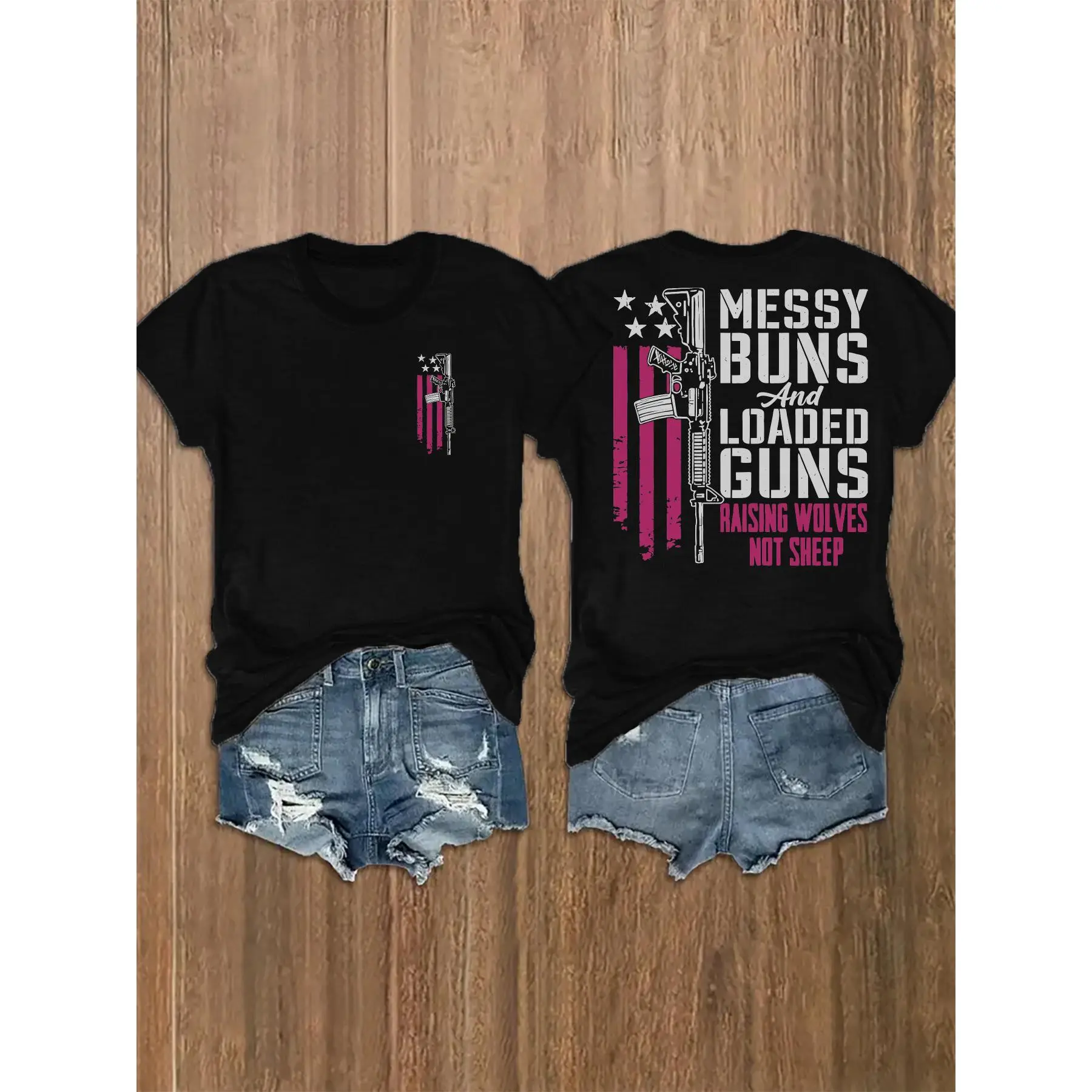 Women's Black Pattern Oversized Cotton Short Sleeve Round Neck T-Shirt - Front & Back Double Image, "Messy Bun and Gun Full of Bullets" Slogan, Spring Summer Casual Wear, Everyday Street Style Outfits (Pairs with Skirts, Cargo Bottoms)