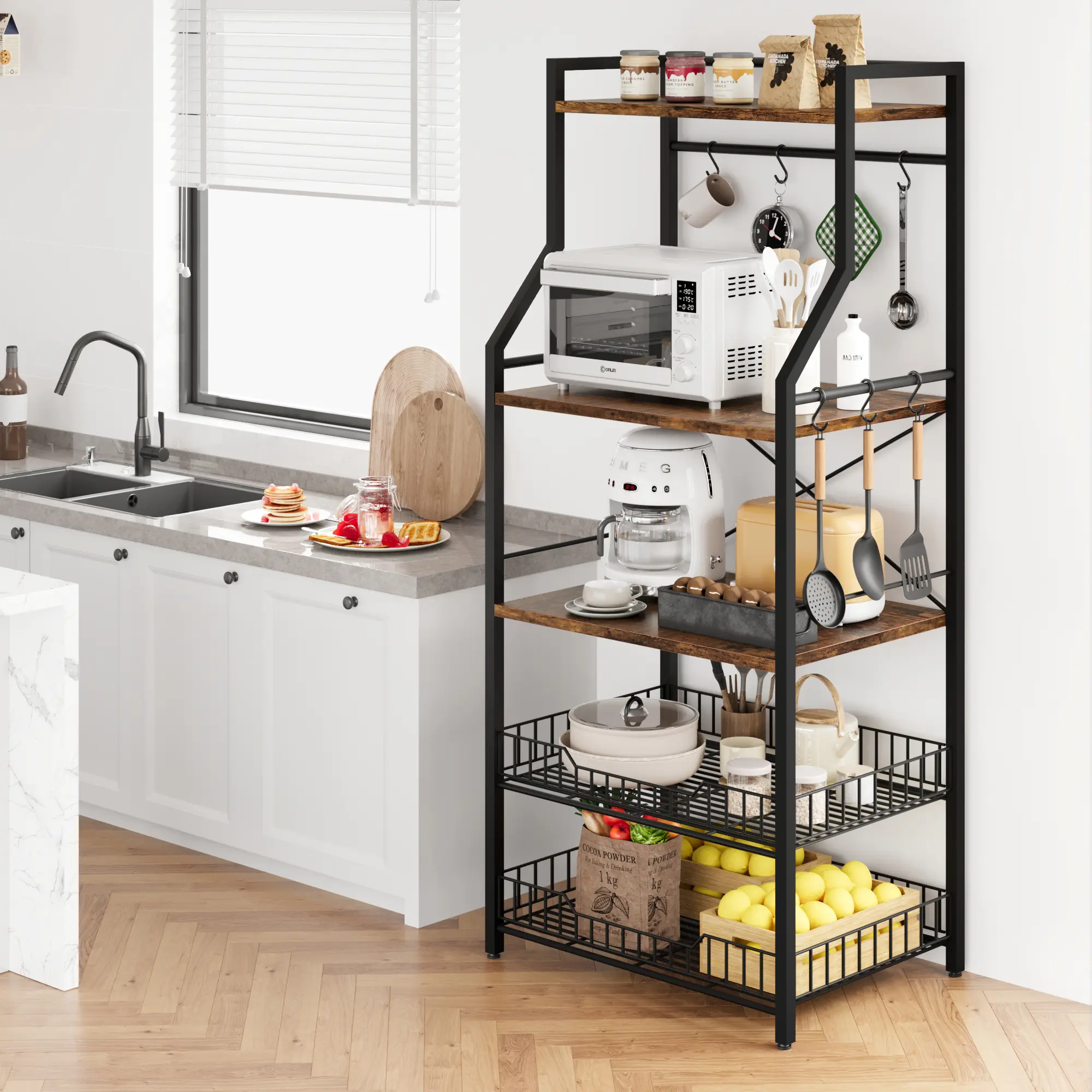 5-Tier Kitchen Bakers Rack - Microwave Stand with 2 Wood Countertops, 2 Metal Wire Baskets, 8 Hooks, Freestanding Coffee Bar Station Storage Shelf for Kitchen, Dining & Living Room - Black and Gray