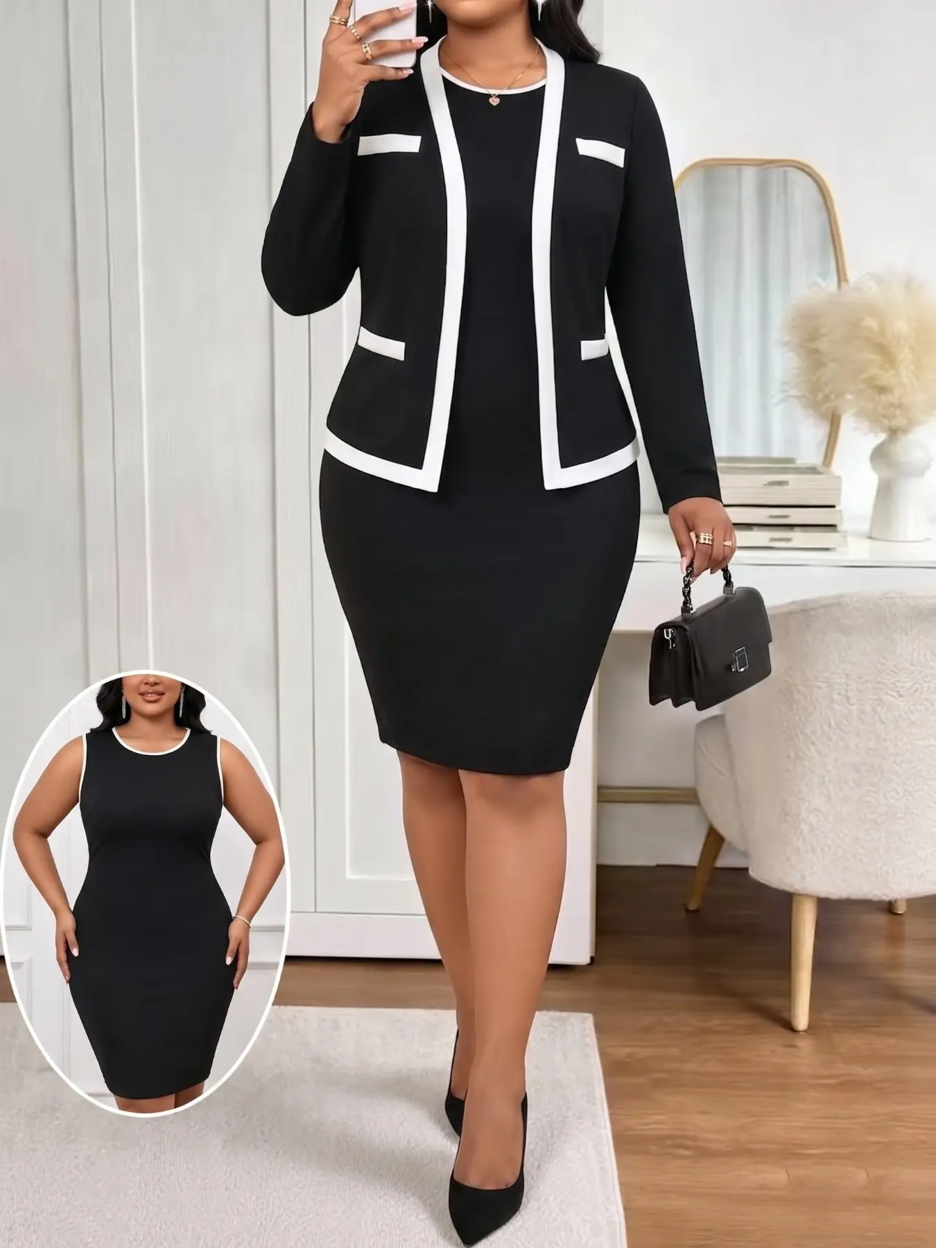 Women's dress set: A two-piece set featuring a color-blocked round-neck sleeveless dress paired with a long-sleeved cardigan with faux pockets, Chic, stylish, elegant, comfortable, Casual wear, with a Korean style, perfect for dates, dinners, parties
