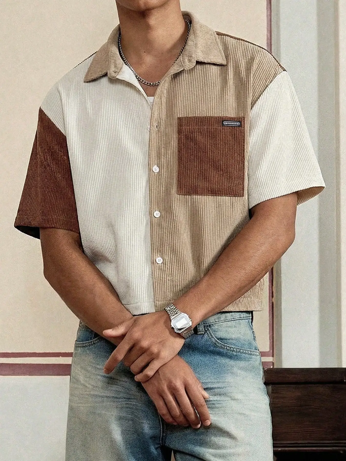 Vintage Color Block Corduroy Short Sleeve Shirt, Men's Patchwork Lapel Pocket Casual Top, Loose-Fitting Street Style, Casual Stylish Clothing