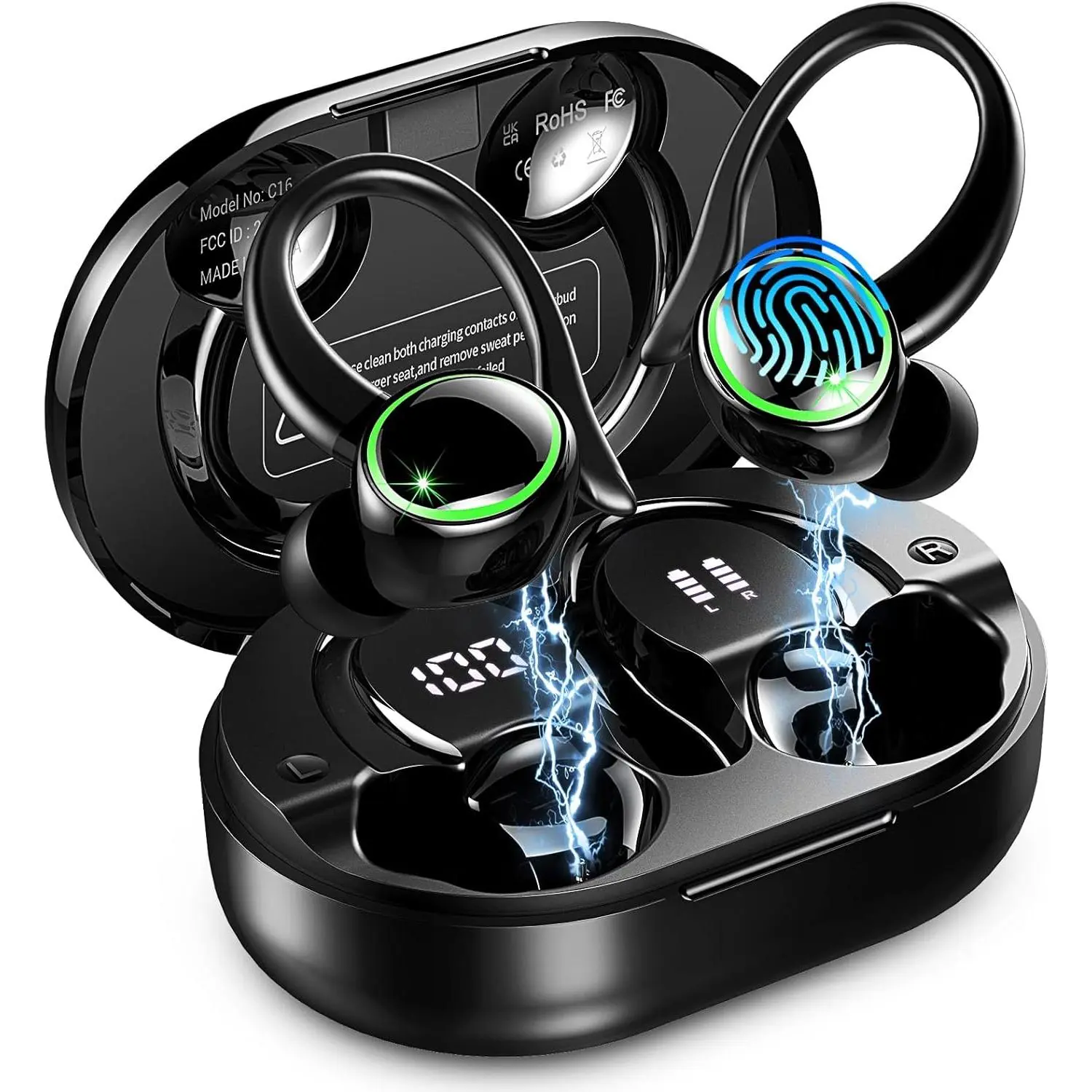 Wireless Earbuds Sports, Bluetooth 5.4 Headphones Hifi Stereo, 50H Playback Over-Ear buds with ENC Noise Cancelling Mic, Earphones with Earhooks, IP7 Waterproof Fitness Headset for Gym Running Workout