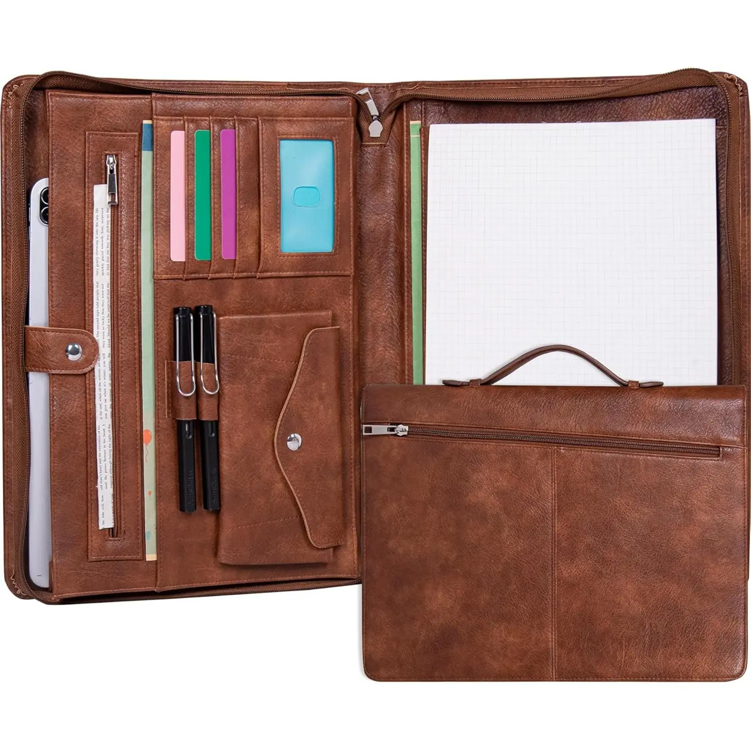 Leather Portfolio Binder with Handle and Zipper, A4 Notepad Holder Business Padfolio Organizer for Men Women, Ideal Father's Day Gift