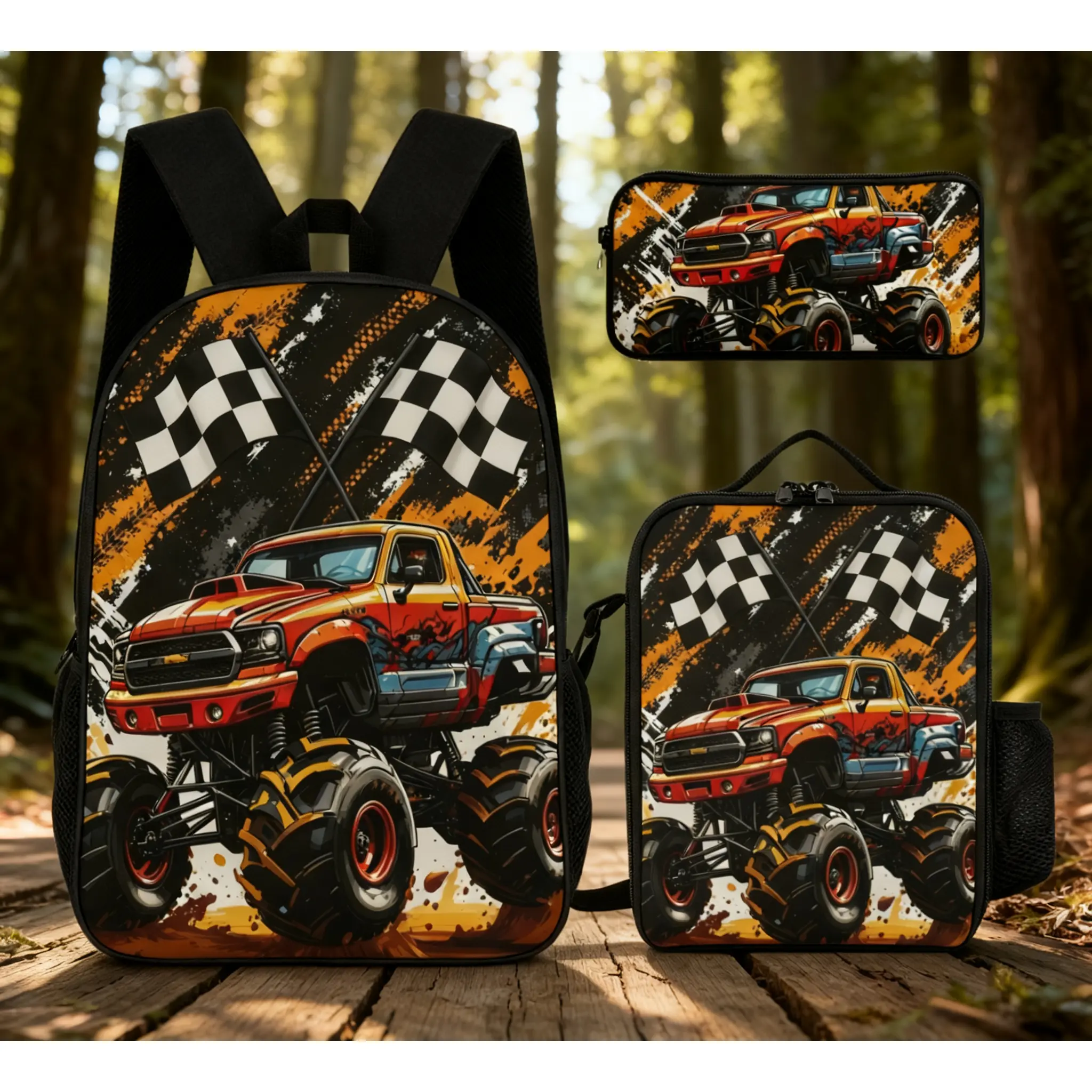 Red Monster Truck-Themed Personalized Gaming Console Backpack 3-Piece Set Pack, Student School Supplies with Lunch Bag, Pencil Case, Back-to-School Personalized Gifts