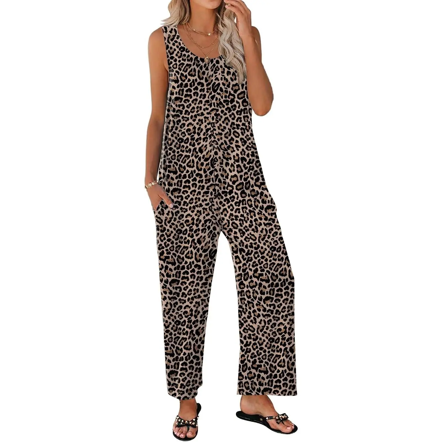 Sleeveless Jumpsuits for Women Casual Summer Scoop Neck Tank Rompers Wide Leg Pants Overall Jumpers with Pockets