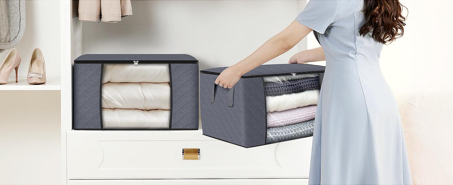 24 Gallons Clothes Storage, Foldable Thick ric Blanket Storage Bags, Containers for Organizing Bedroom, Closet, Clothing, Comforter, Organization with Handle (3 Pack,Grey)