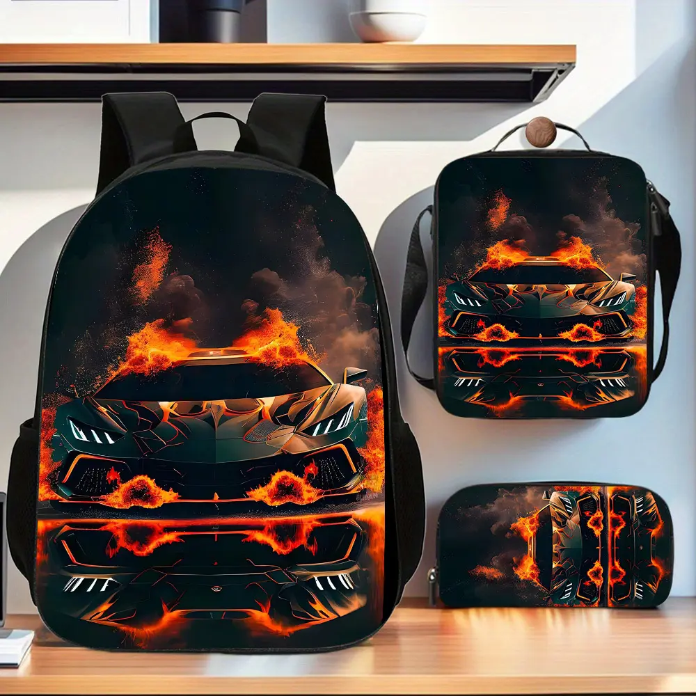 Race Car 3pcs Cartoon Design Backpack Collection, Easy to Carry & Compact with Adjustable Straps, Features a Spacious Casual Double Shoulder Backpack, Pencil Case, And Messenger Bag for School Or Birthday Presents