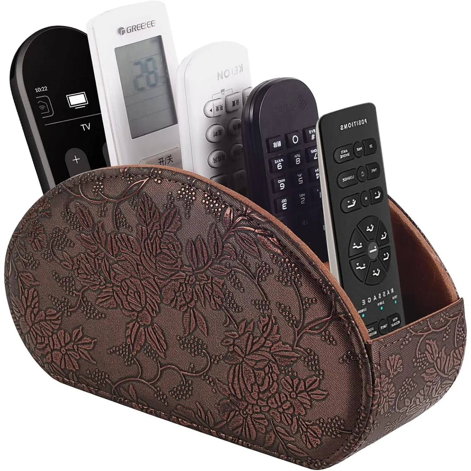 Tv Remote Holder Tray with 5 Compartment,PU Leather Remote Control Holder/,Placed Media Remote Storage Box/Glasses/Makeup Brush/Office Products/Desktop Organizers Nightstand Decoration (Retro)
