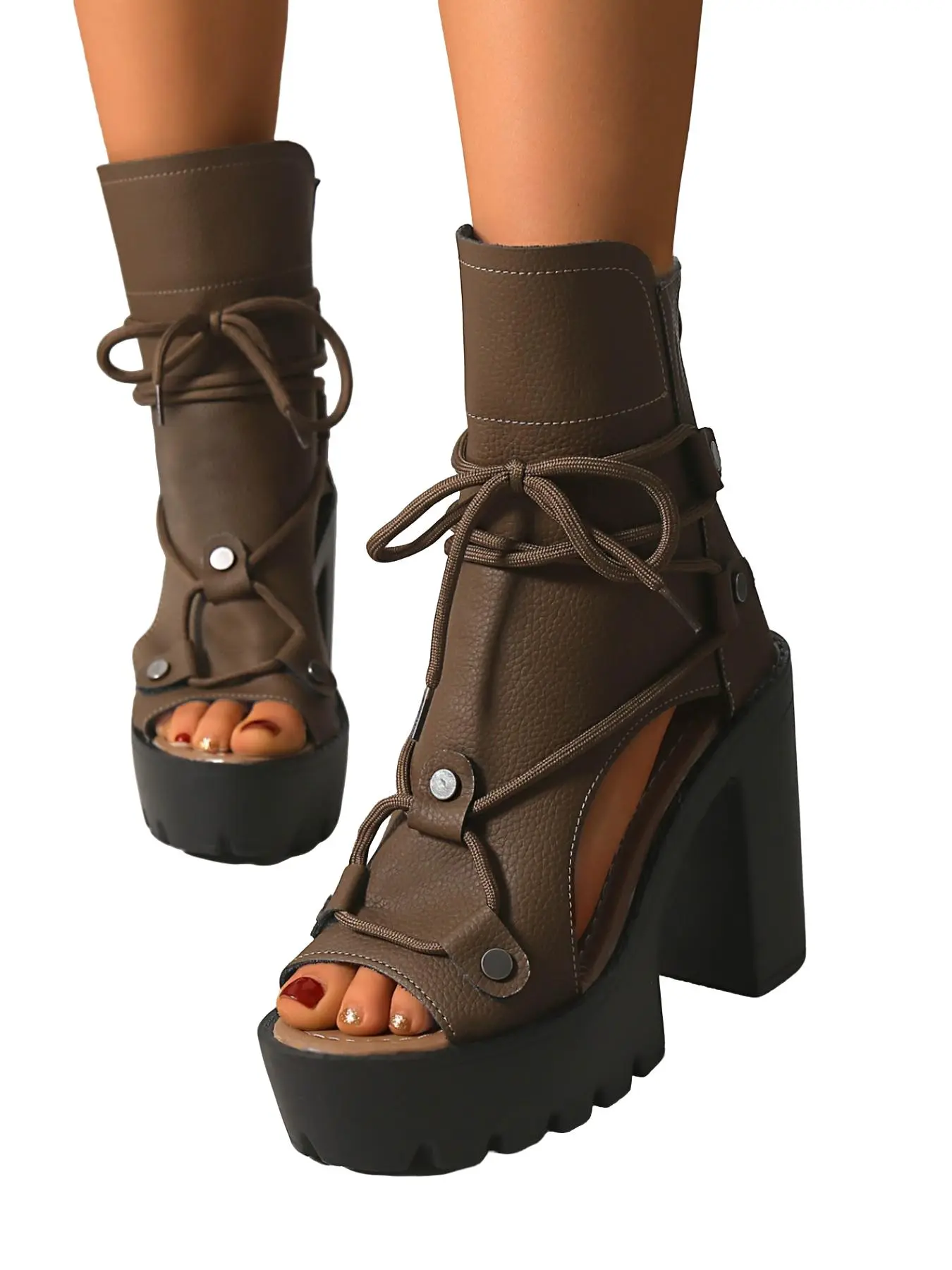 Cool Style Buckle Fish Mouth Women Boots, Back Zipper Design, Daily Wear Dark Gothic Shoes, Thick Sole Platform Short Boots, Large Size Laces, Chunky, Footwear