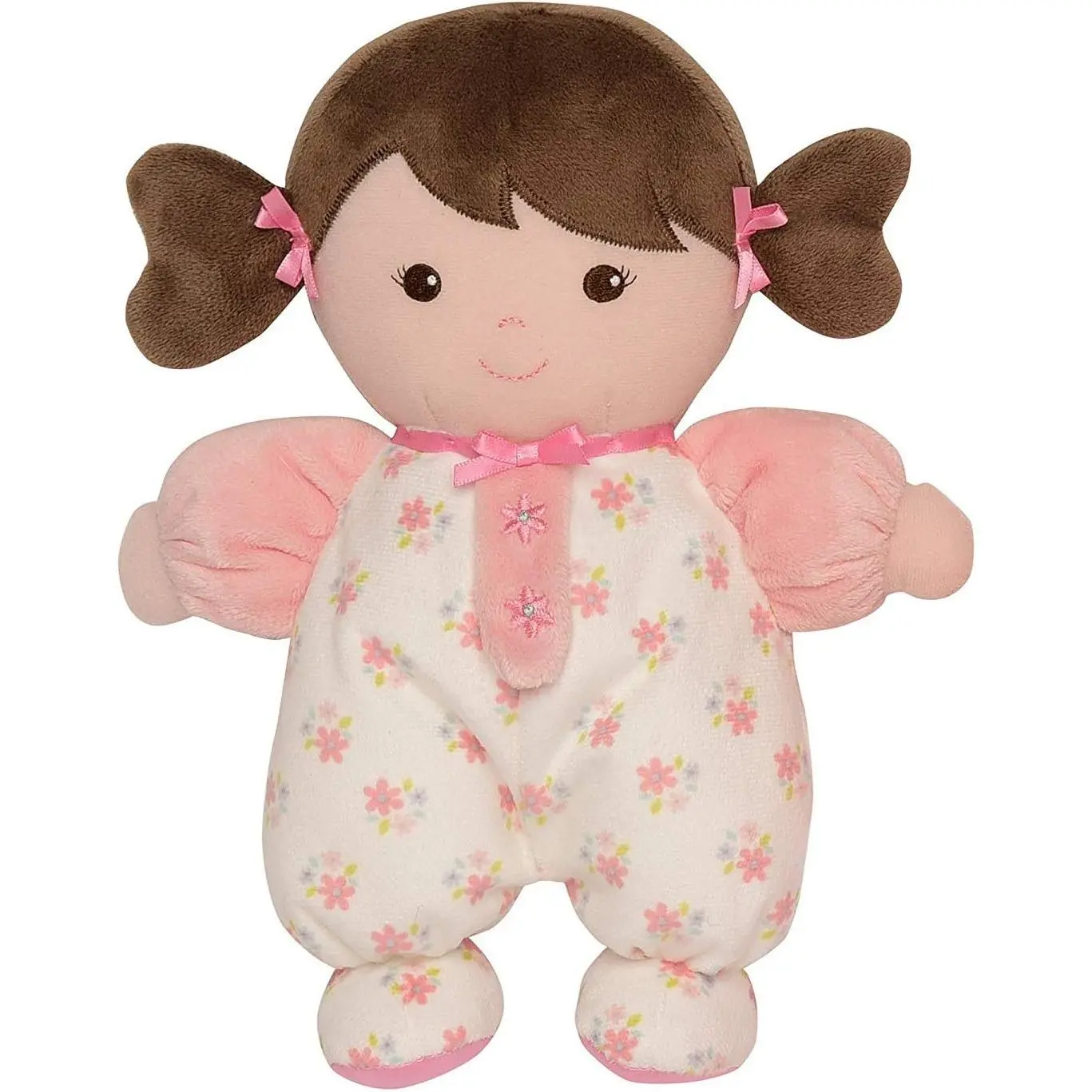 Plush Baby Doll with Rattle, Brunette Olivia, Pink, 9 inch
