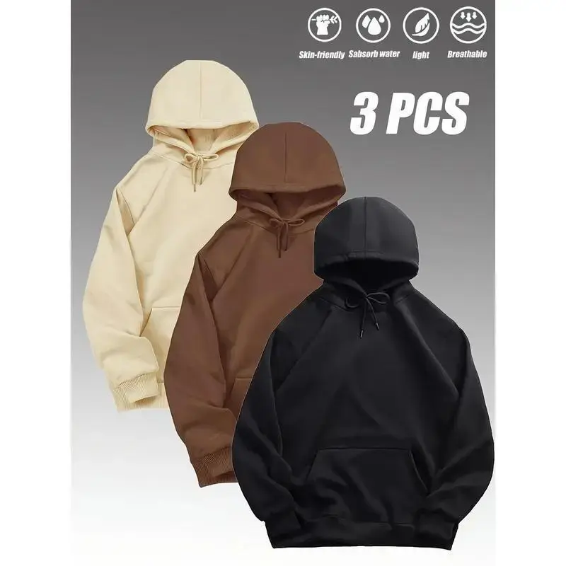 3-pack Men's Casual Hooded Sweatshirts Long Sleeve Drawstring Pullovers Solid Color Loose Fit Polyester Stretch Hoodies for Hiking Running Daily Winter Outdoor Sports
