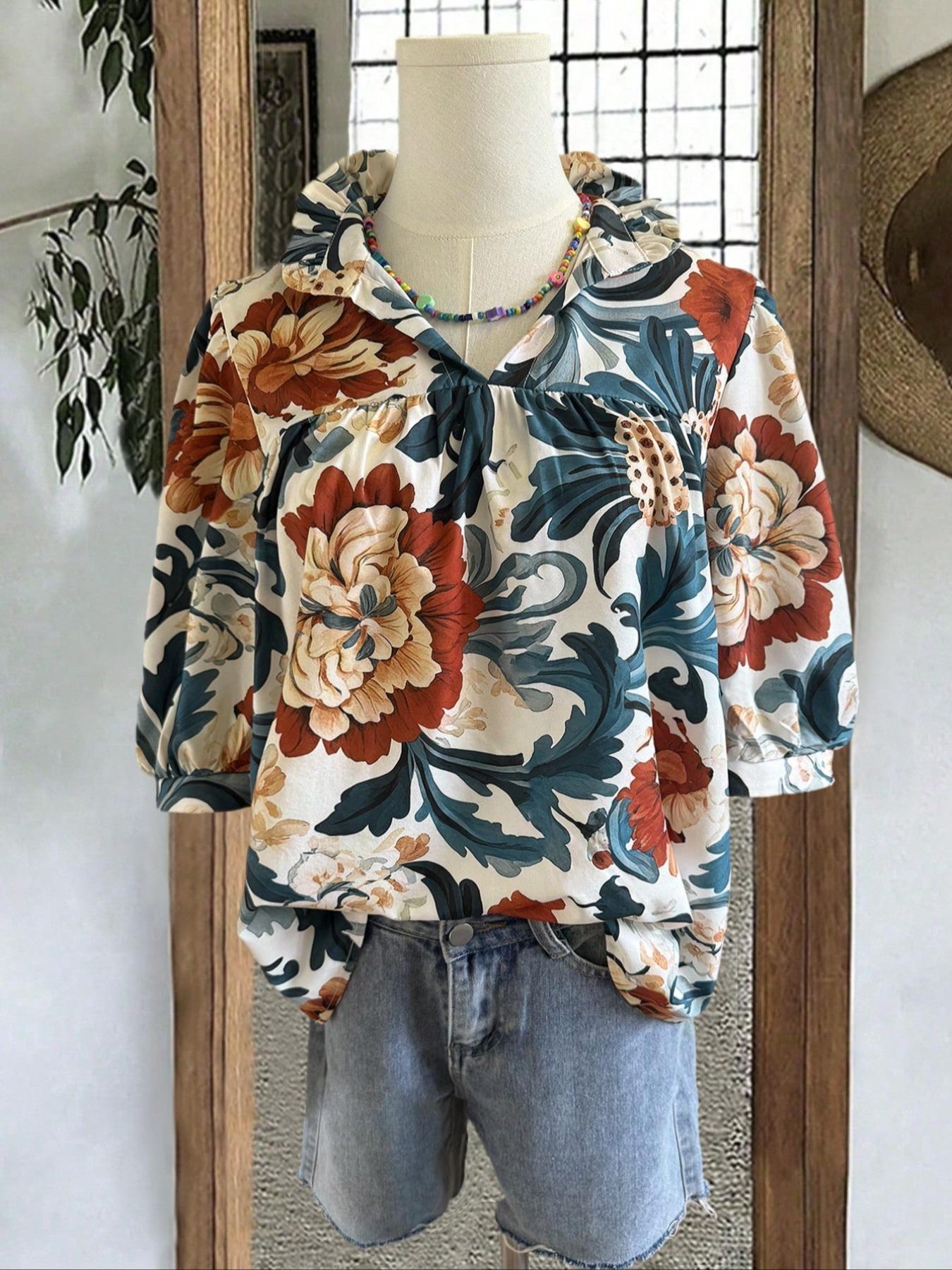 Women's Ruffled Trim Blouse, Casual V Neck Nine-point Sleeve Top for Summer, Women's Clothing for Daily Wear, Boho Floral Print Womenswear, Lady Casual Blouse Shirts, Boho Style Multicolor Shirt