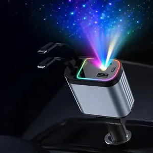 4-in-1 Retractable 66W Fast Charging Car Charger, Smartphone Car Charger with Star Projector Night Light, LED Light, USB Car Adapter, Compatible with iPhone & Samsung #GLOBAL PICKS