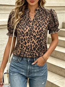 Spring Summer French Style Striped Short Sleeve Shirt, Stand Collar Half Open Front, Casual Fitted Top, Comfortable Basic Wear