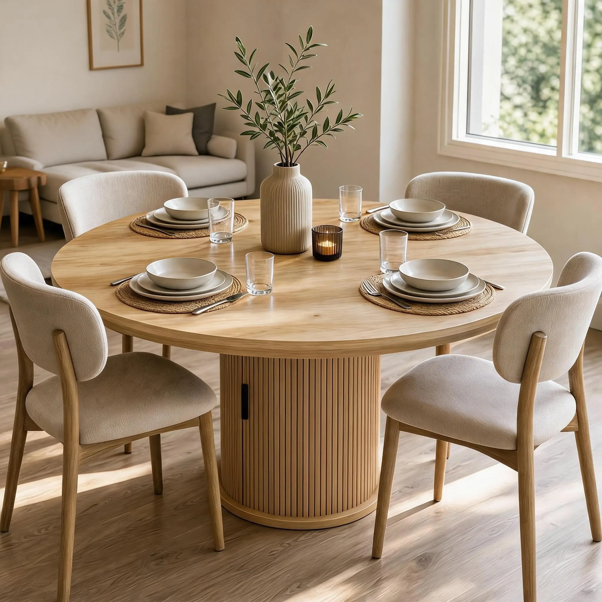 Round Dining Table 47 Inch Wood Kitchen Table with Storage Shelves and Drawer Farmhouse Style Circle Table for 4 to 6 People Table Only