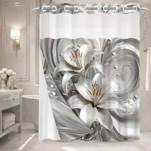 1PC 2D Flat Embossed Lily Pattern Double-Layer Woven Pretty Shower Curtain (No Hooks), Transparent Top Window, Removable liner with snap-on lining, Modern and Personalized Bathroom Partition Art Decoration, Bathroom Decor, Holiday Decoration