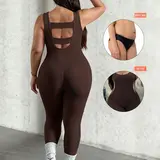 【Biack Friday】Plus Size U-Neck Hollow Out Back Sporty Jumpsuit for Women, High Stretch Breathable Fitness Wear, Ideal for Yoga, Gym, Daily Use