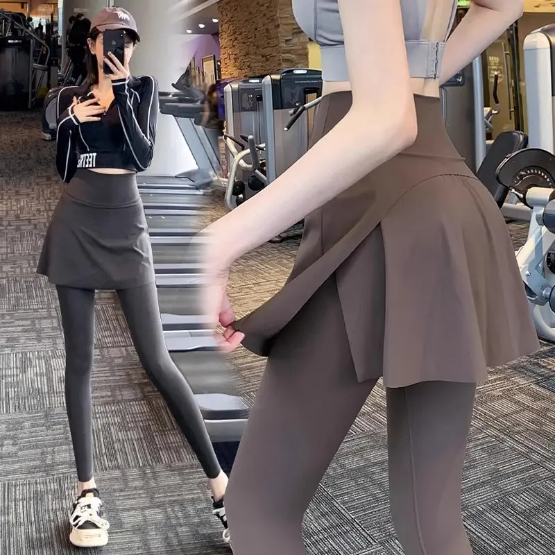 Women's 2-in-1 Full-Length Synthetic Leggings with Skirt, High-Waisted Women's Gym Wear, Running Tights for Gym, Fitness, Long, Skirt Combo, Athletic Outfit, Fitness Gym Clothes