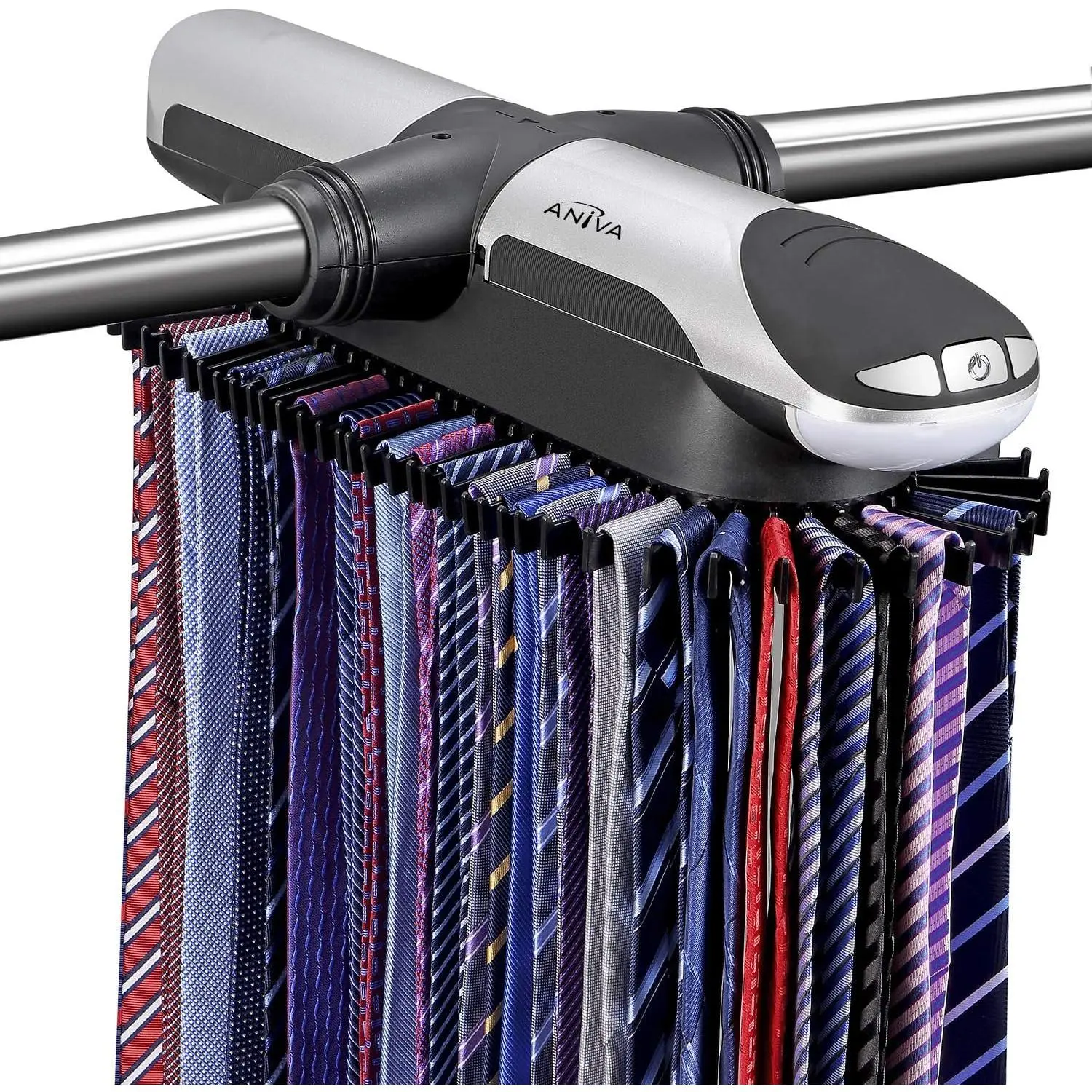 Motorized Tie Rack Closet Organizer with LED Lights Includes J Hooks for Wired Shelving Stores Up to 72 Ties & 8 Belts, Operates with Batteries