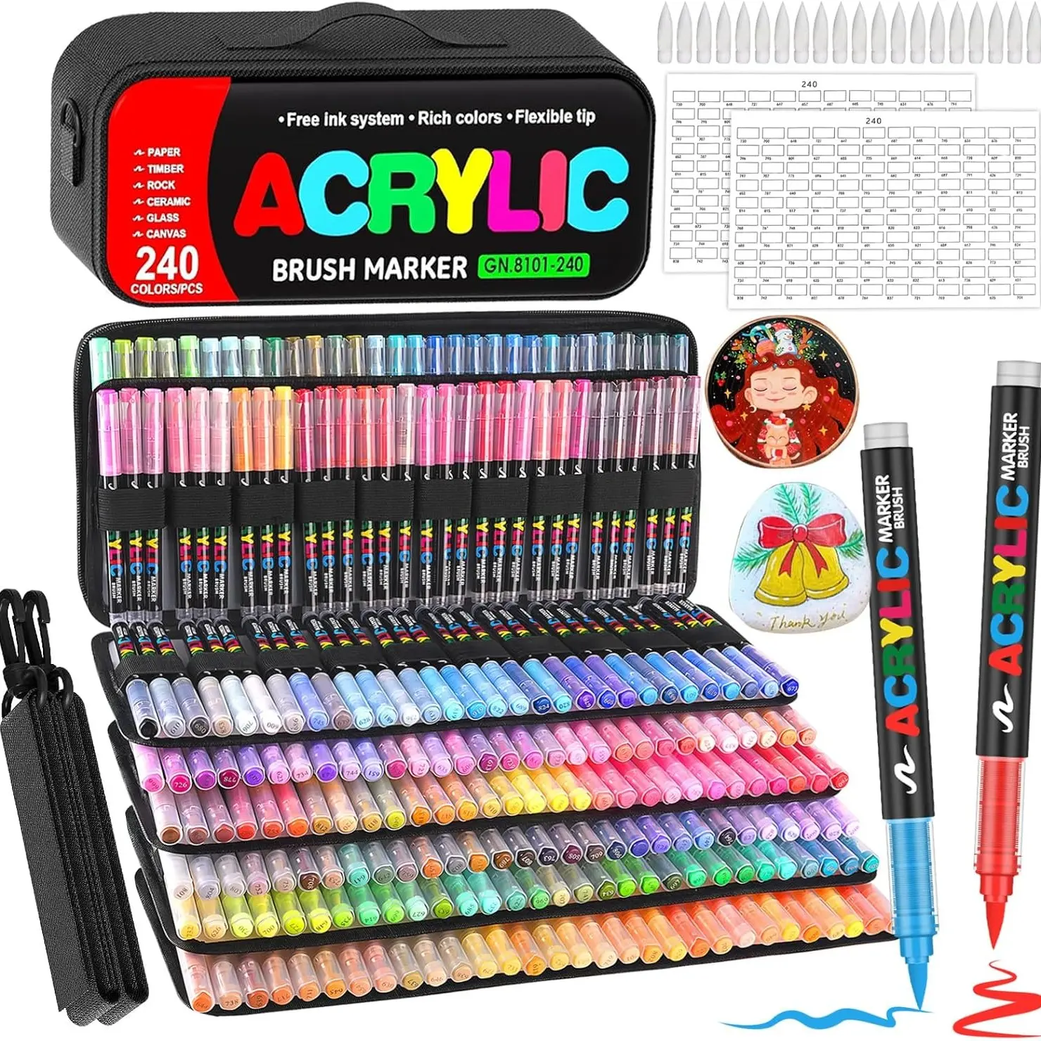 Guangna240 Colors Acrylic Paint Markers, Soft Brush Tip Professional Art Set for Rock, Wood, Glass, Ceramic, Canvas Painting - Fast Drying Waterproof, DIY Craft Supplies, Artist Supplies, Ideal Gift for Valentine's, Mother's Day, School Projects