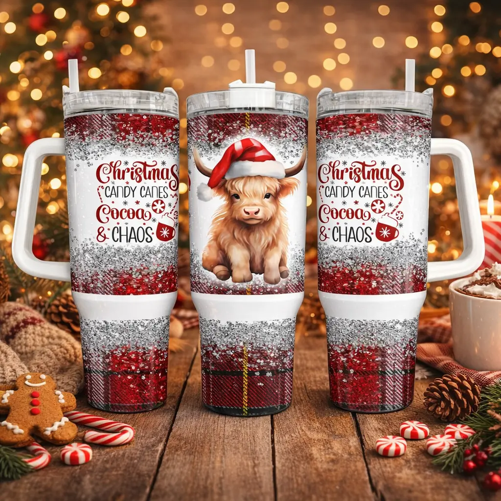 40oz Large Handle Travel Tumbler, Cute Santa Highland Cow Red Plaid Glitter Christmas Pattern Cup, Christmas Candy Canes Cocoa & Chaos Themed Drinking Tumbler, Great Holiday Gift For Highland Cow Fans