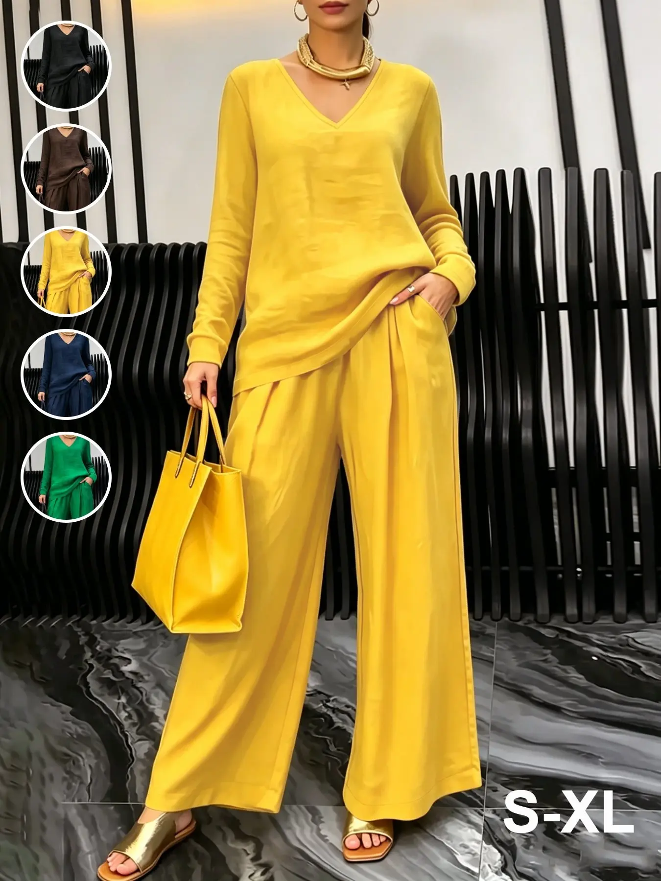 Spring Autumn New Women's Homecoming Suit V-Neck Long Sleeve & Pants Set, Loose Fit Casual Bright Color Pockets, Indoor Outdoor Wear
