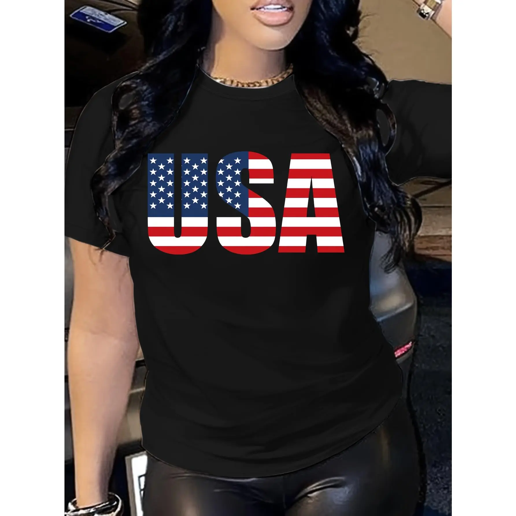USA Flag Graphic T-Shirt for Women, Casual Short Sleeve Crewneck Top, Smooth Comfortable 100% Cotton Fabric, Shortsleeve, Tops, Fit, Knit, Round Neck