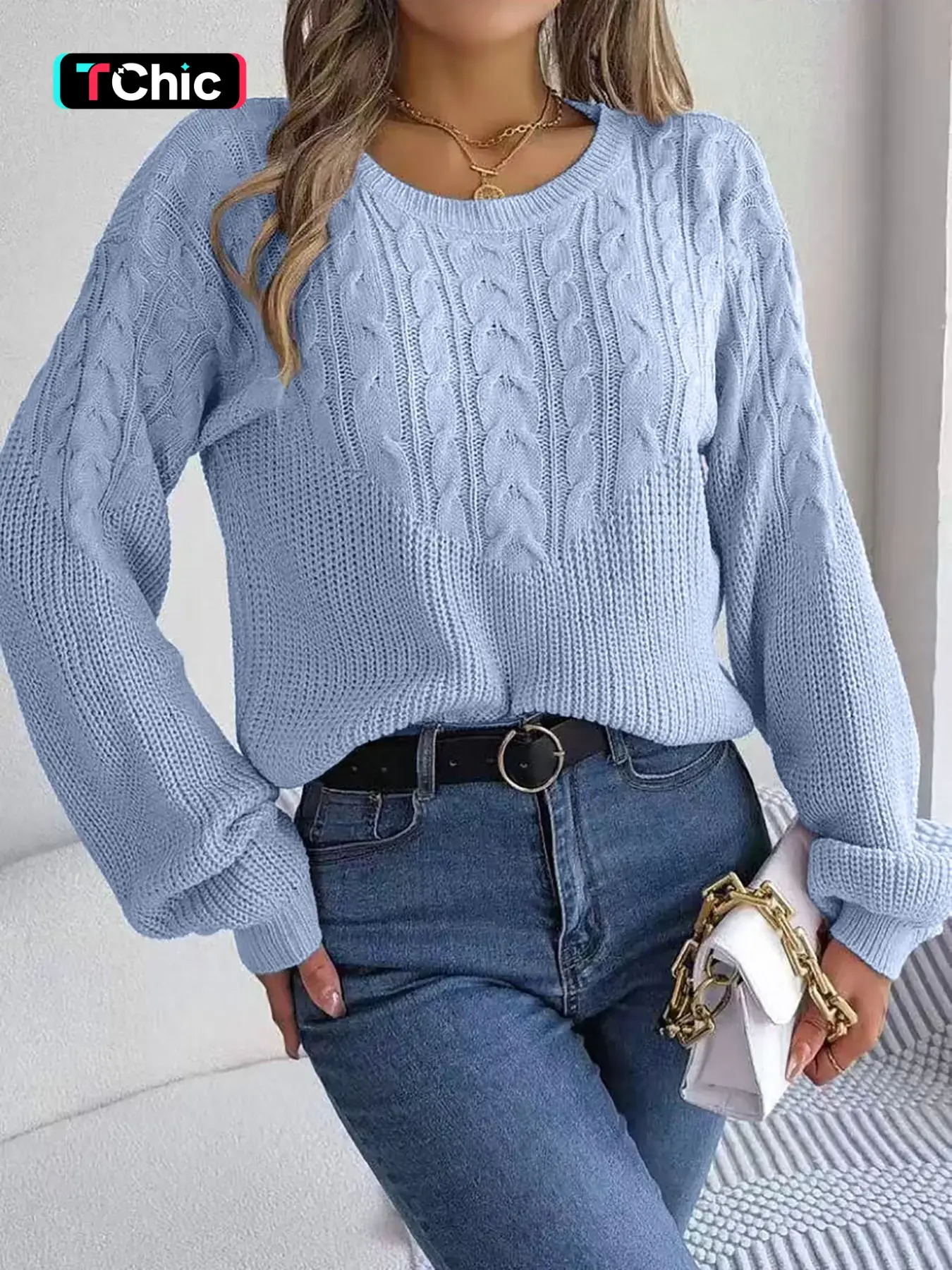 Women's Round Neck Knit Sweater, Long Sleeve Cable Knit Top, Casual Fashion Loose Fit, Elegant and Youthful, Perfect for Fall and Winter