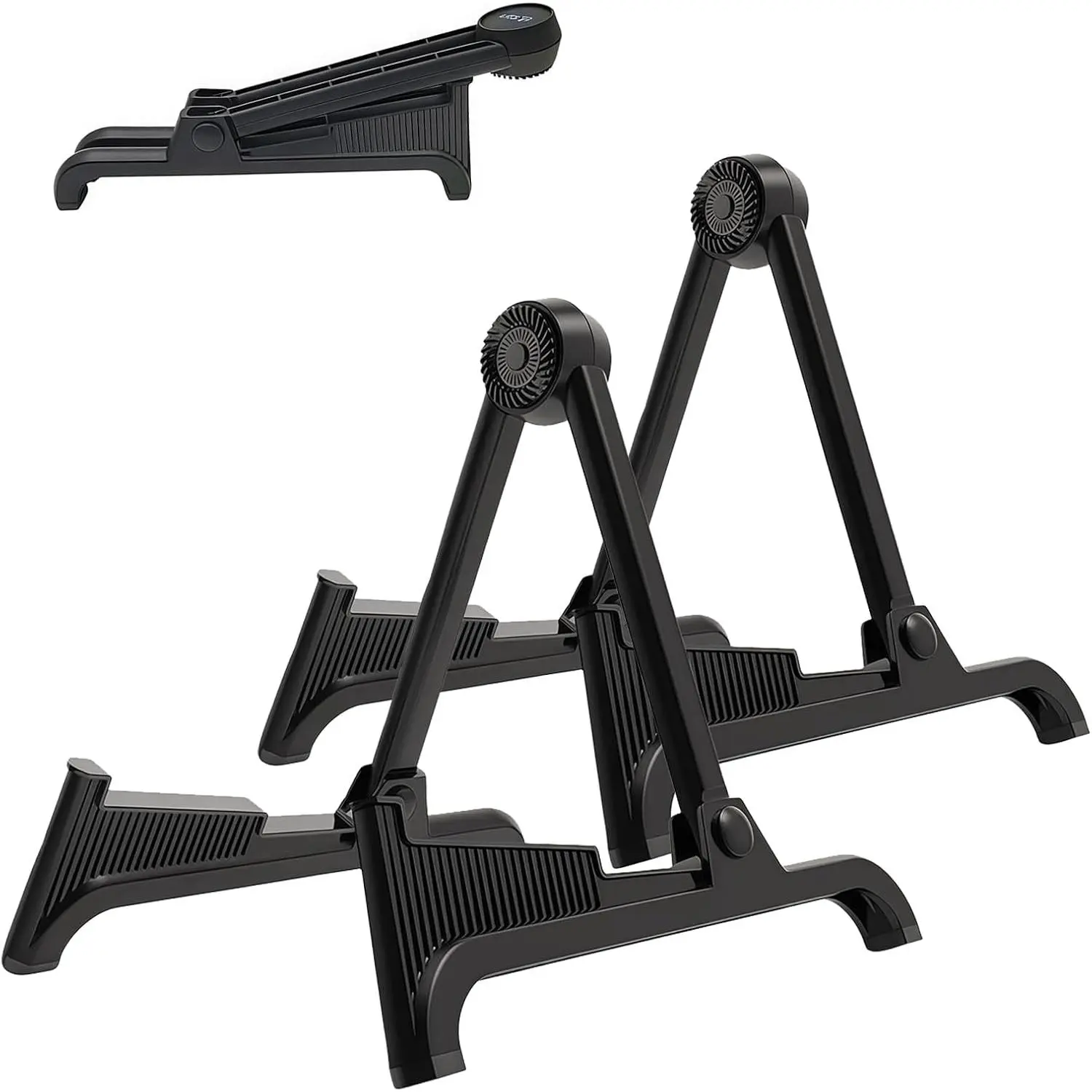 2-Pack Foldable Classic A-Frame Guitar Stand with Adjustable Arms & Black Rubber, Black Frame Floor Stand for Acoustic, Bass, Electric Guitars & Ukuleles, Travel-Sized