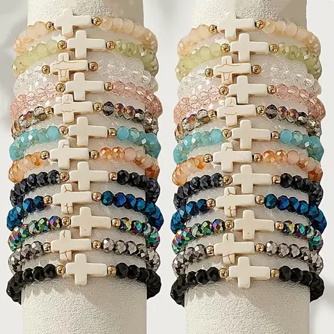 24pcs Stylish Mixed Boho Textured Resin Bracelets & Bangles - Heart, Cross Charm Elastic Band Stacks, Unisex Assorted Colored Arm Candy Accessories, Bracelets for Women, Casual Party Jewelry for Daily Wear & Gifting