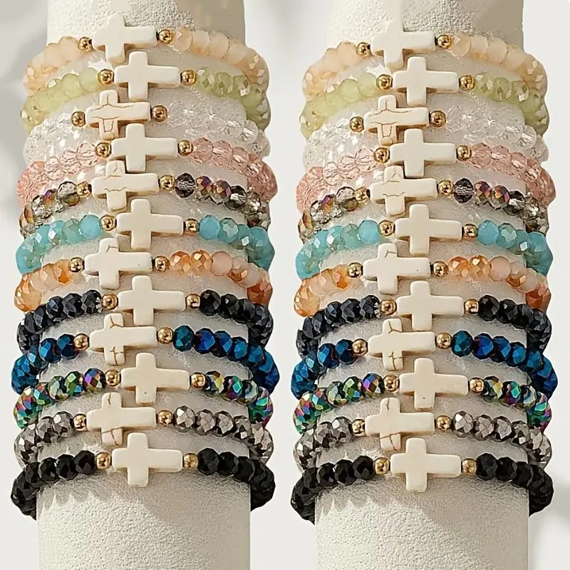 24pcs Bohemian Resin Cross Charm Bracelets - Colorful Elastic Band Bracelets, Suitable for Daily Wear, Gifting & Parties, Year-Round Stylish Fashion Accessory, Charm Bracelet