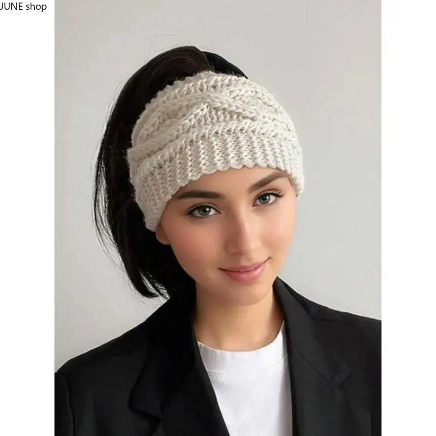 Unisex Multifunctional Solid Color Crochet Knit Headband, Elastic Jacquard Ponytail-Fit Warm Ear Warmer, One Size Cozy Hair Accessory For Winter Outdoor Sports And Casual Daily Wear