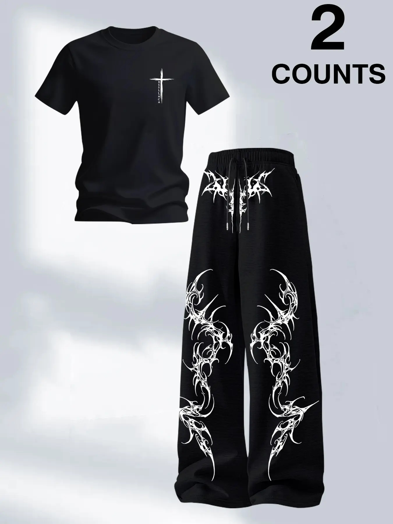 Men's Two-Piece Fashion Casual Set, Gothic & Cross Round Neck T-Shirt and Drawstring Wide Leg Pants, Summer Home Wear, Versatile