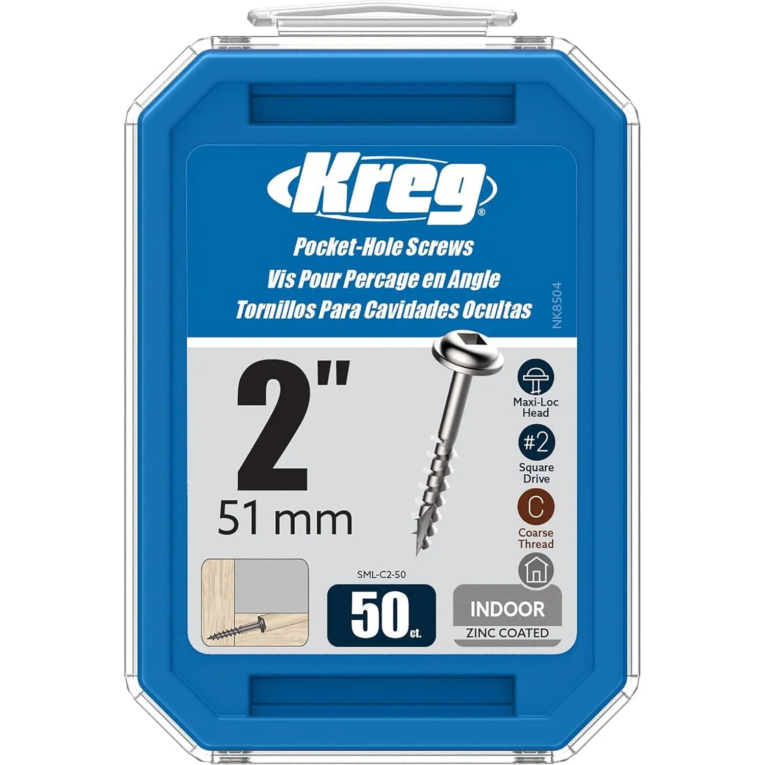 Kreg Zinc Coated Pocket-Hole Screws - SML-C2-50 - 2 in Coarse Thread Maxi-Loc Screws for Woodworkers, Indoor Joints, Soft Materials - 50 Count