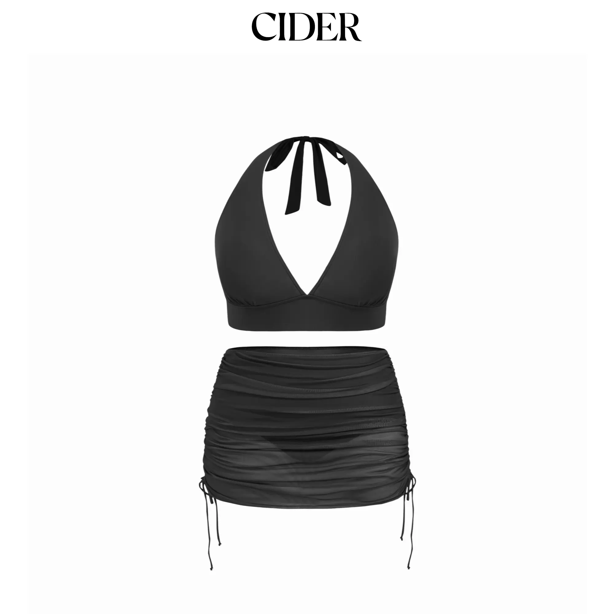 Cider V-neck Halter Cheeky Tankini Swimsuit With Drawstring Cover Up Skirt Curve & Plus
