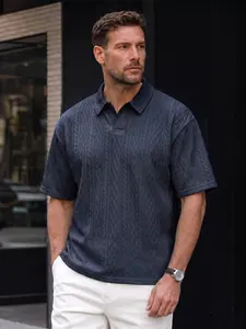 Father's Day Gift Men's Fashion Trendy Classic Textured Polo Shirt, Short Sleeve Cable Knit Collared Top, Versatile Casual Summer Breathable Polo for Men
