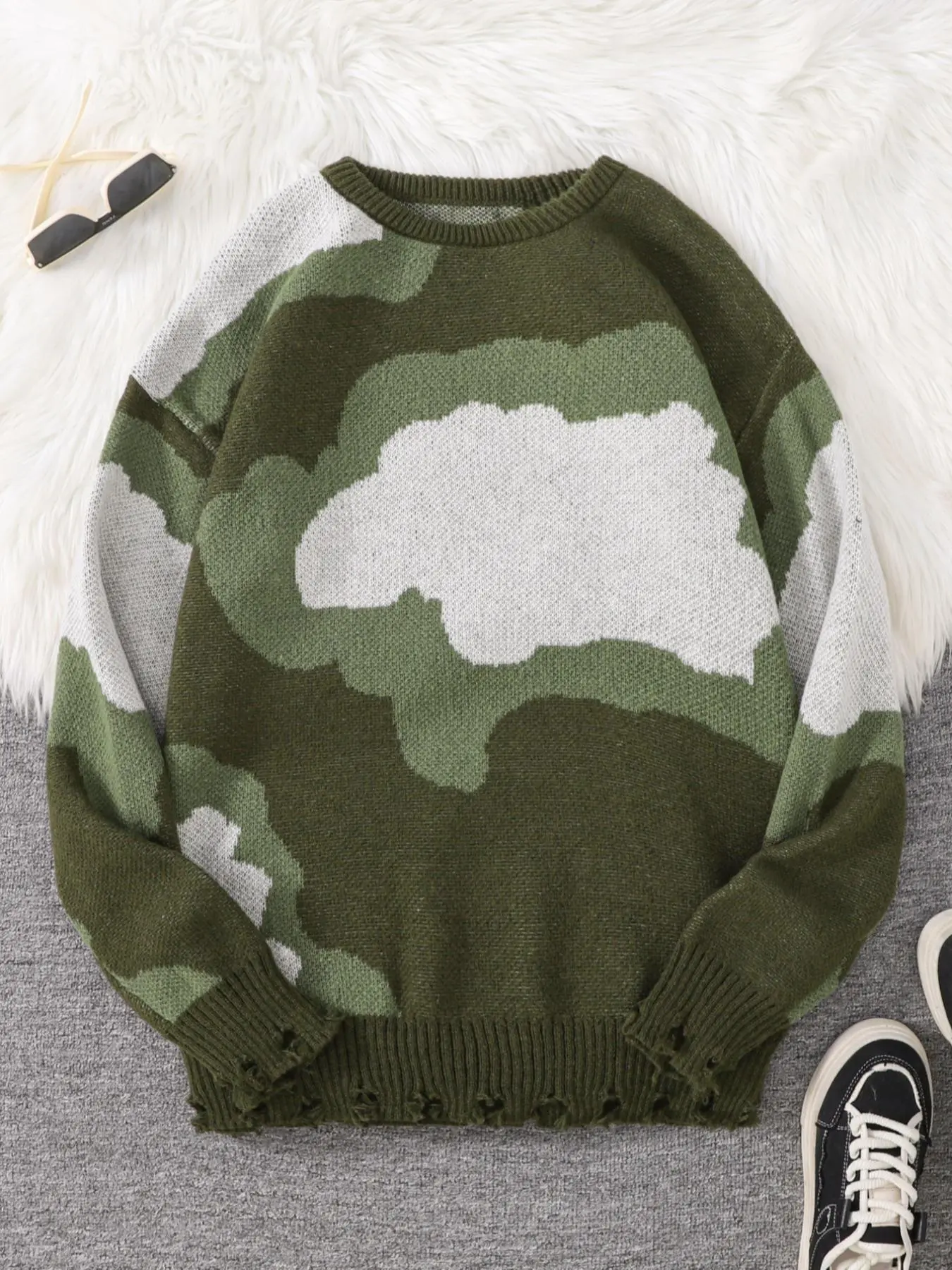 New Trendy Fall Winter Cloud Jacquard Knit Long Sweater, Casual Round Neck Fitted Pullover for Men, Fashion Street Style Design