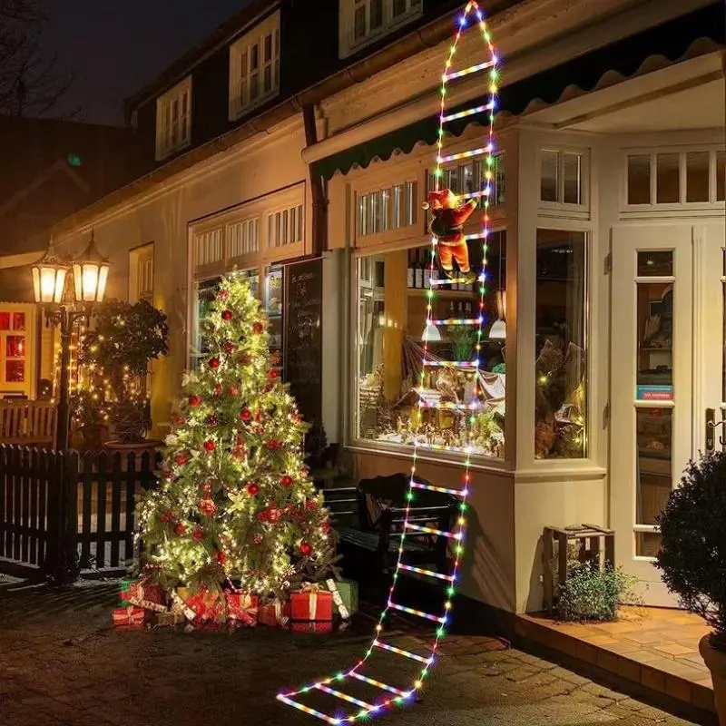 New Upgraded Christmas Ladder Decor Lights, Glowing Led Lights, LED Star Top String Lights with Climbing Santa Claus, USB Powered Waterproof Twinkling Fairy Lights for Outdoor Courtyard Garden Xmas Holiday Decoration