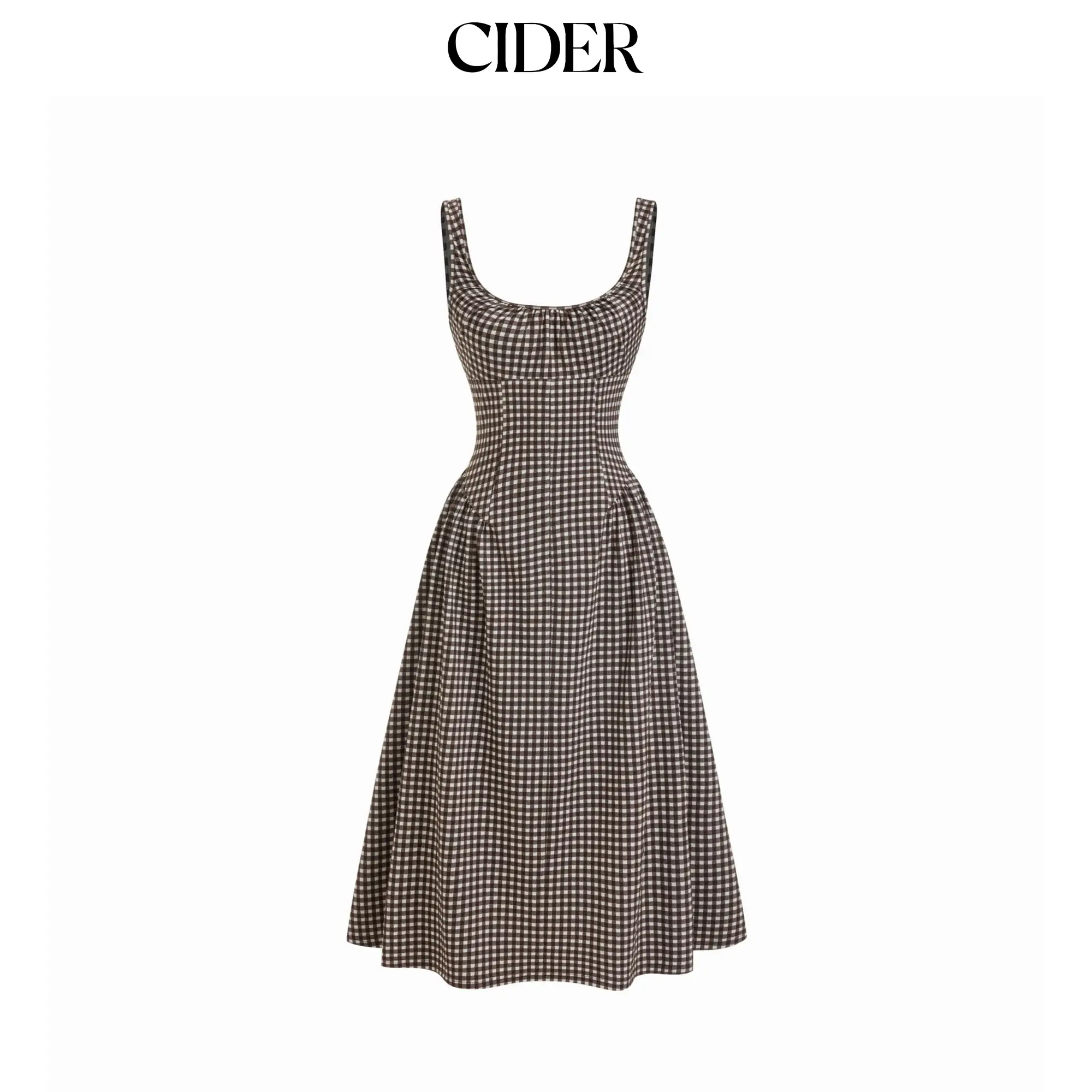 Cider Gingham Scoop Neck Ruched A-line Midi Dress