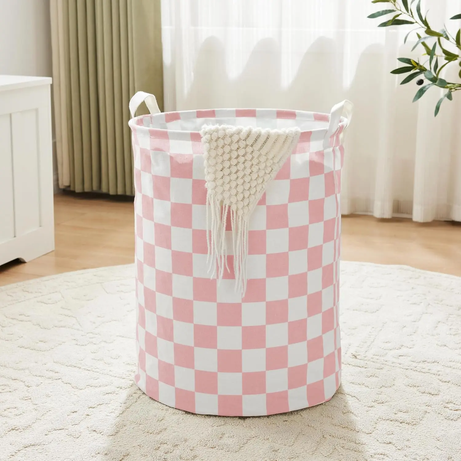 Checkered Laundry Basket, Collapsible Aesthetic Cute Canvas Organizer Hamper Basket for Storage,  Bins, Bedroom Clothes,  ,  Basket