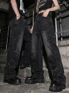 Gradient Washed Star Patch Bell Bottom Jeans, Y2K Retro Pleated Long Pants, Unisex Casual Wear for Parties and Daily Use