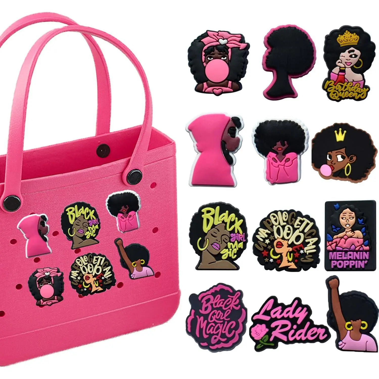 12PCS DIY Pink Black Girl Charms for Bogg Bags - Rubber Tote Inserts with Secure Clips, Girls Women Teens Summer Bag Accessories, Vacation Decor Essentials