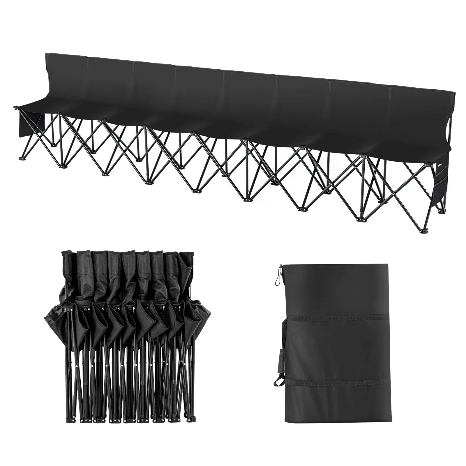 【DealsForYouDays】VEVOR Portable Folding Bench, 8 Seat Foldable Soccer Bench with Side Pockets and Carrying Bag, Lightweight Sideline Seating with Back Rest for Football, Baseball, Camping, Outdoor Events, Black