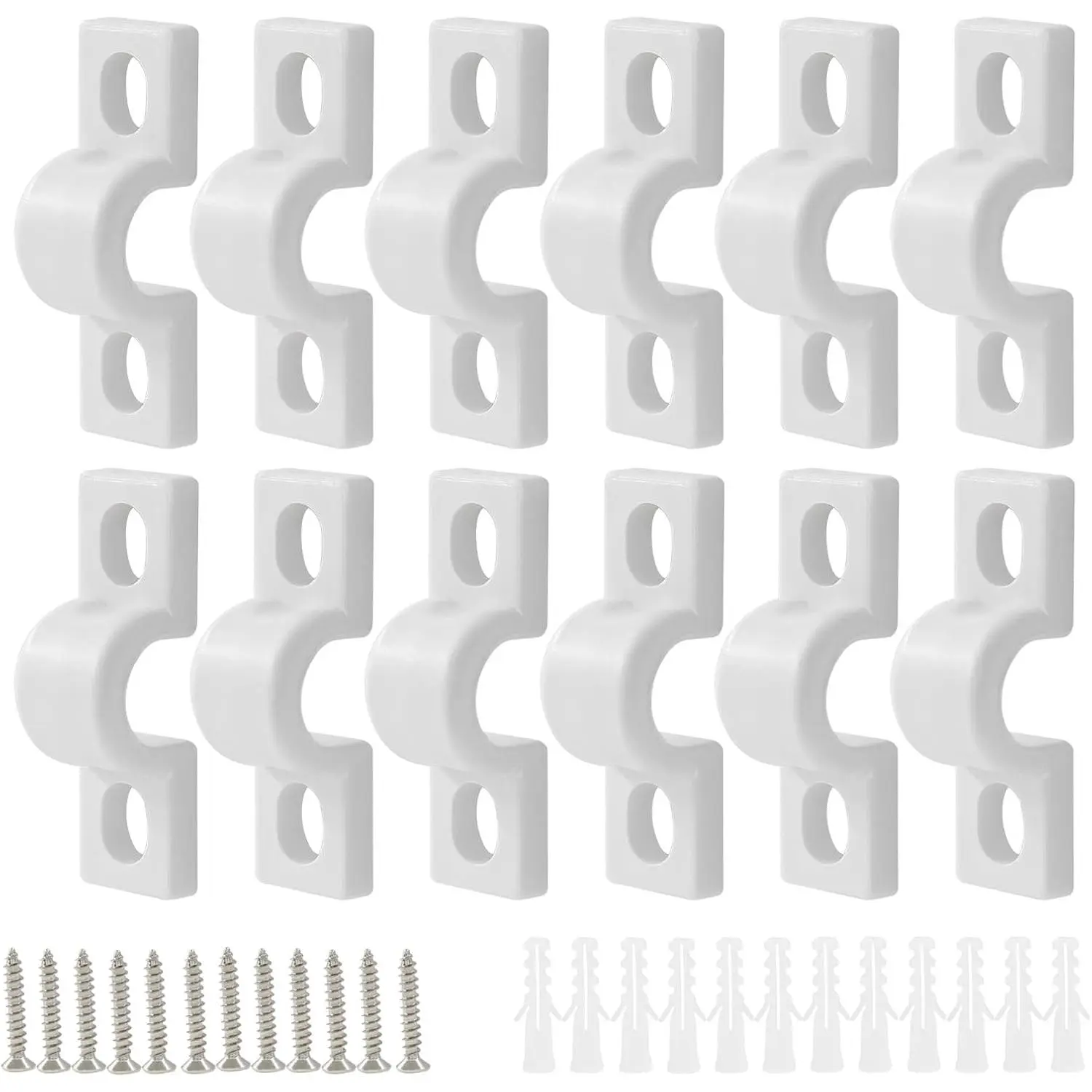 Plastic Wire Shelf Loop Fastening Clips, 8mm White (12-Count Standard Set), Durable Plastic/Nylon Wall Shelf Clips with Screws and Wall Anchors