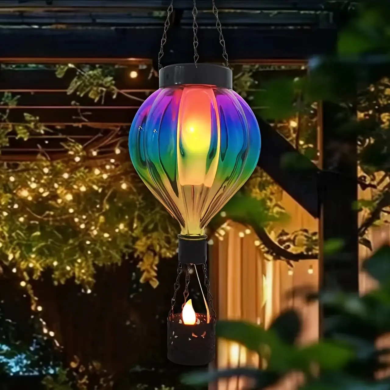 Rainbow Hot Air Balloon Solar Lantern, Flickering Flame, Waterproof Glass, Outdoor Decor, Garden, Patio, Yard, Holiday Decor, Unique Gift, Solar Garden Lanterns