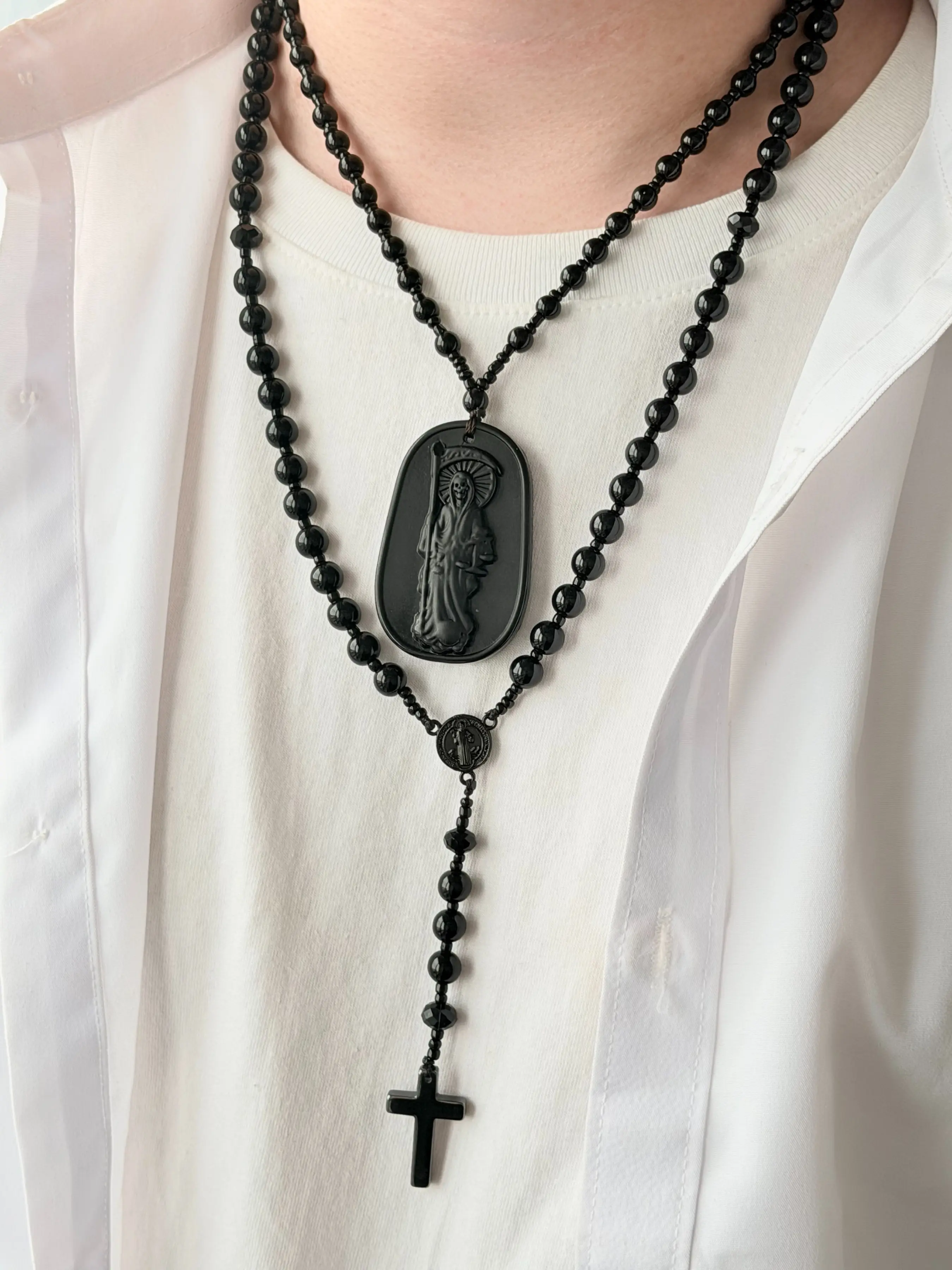 Double Layer Bead Cross Necklace, Mexican Death God Obsidian Pendant, Gothic Cross Design Men's Accessory, Elegant Jewelry Gift