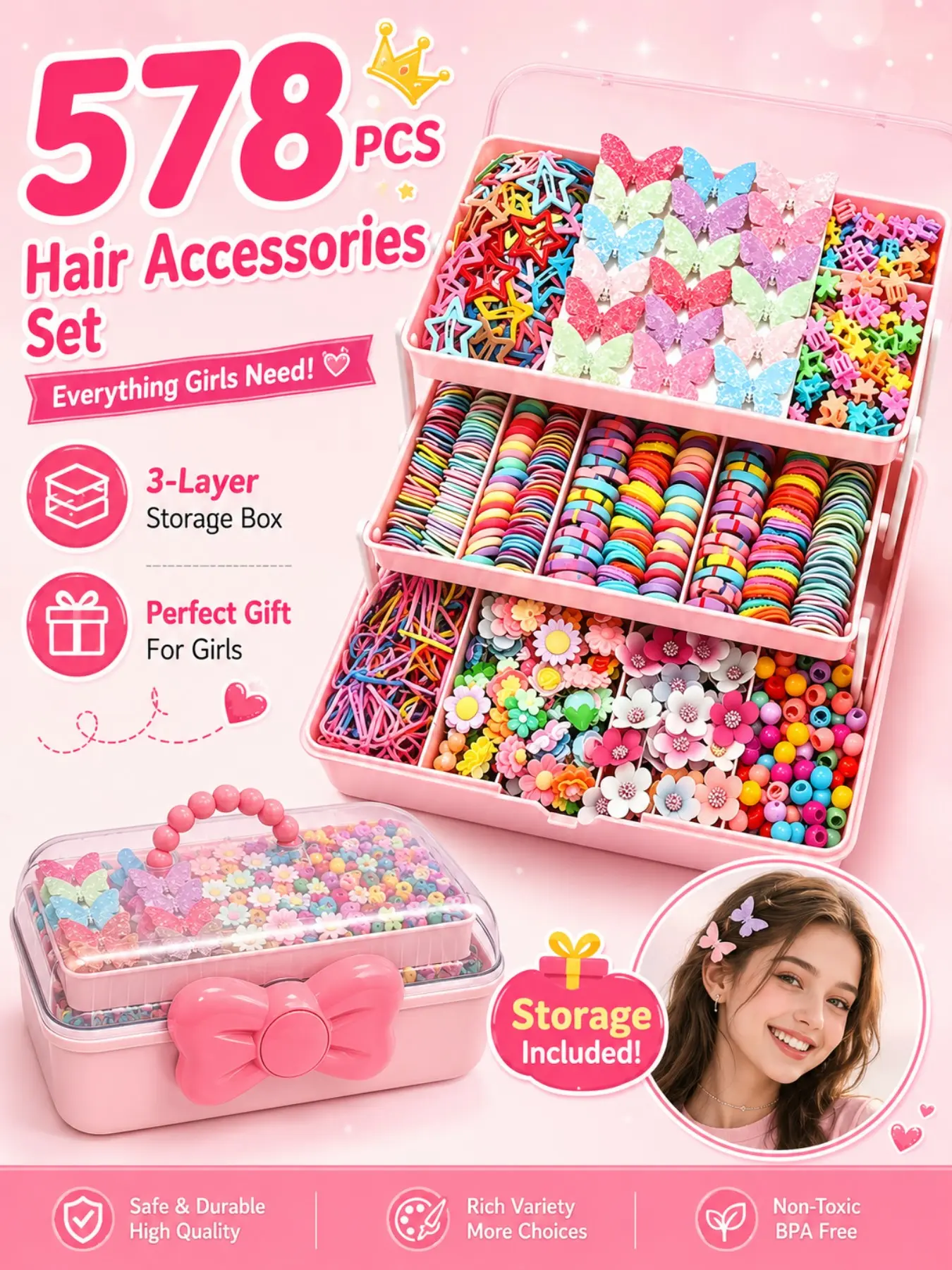 578pcs Rainbow Hair Gift Box with 3-Layer Storage. Candy-Colored Thin Elastics, Gentle Ties, Cartoon Butterfly/Star/Flower Clips. Great for Little Girls' Daily Hairstyles. One-Stop Set Hair Accessories Kit. Birthday Gift.