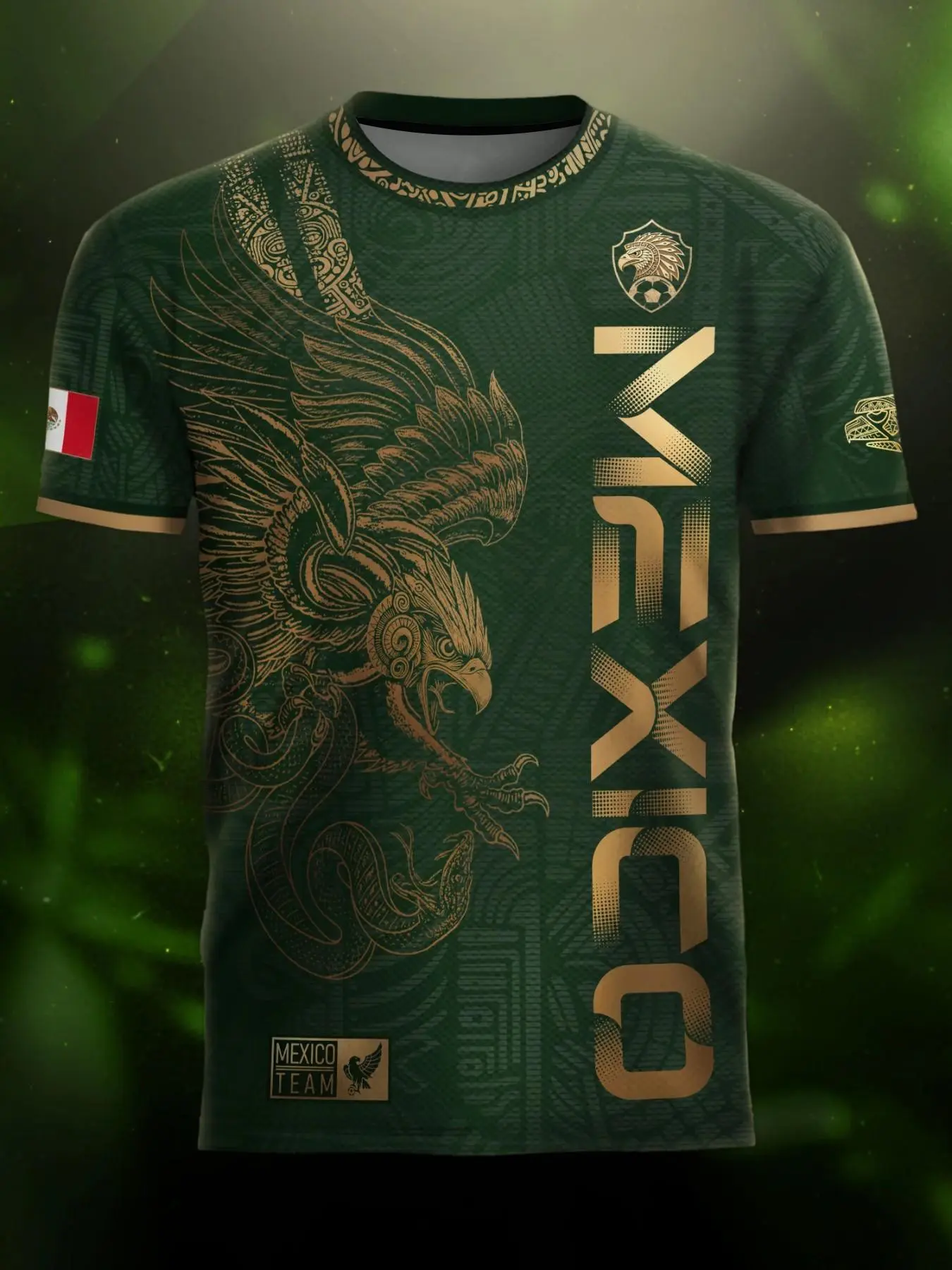 Mexico Gold Eagle Aztec Warrior Heritage Soccer Jersey, Football Jerseys, Fitted Casual Long Sleeve Design, All over Print for All Seasons