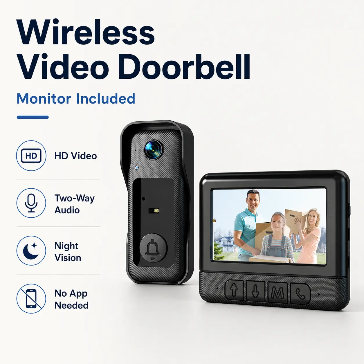 Wireless Video Doorbell with Indoor Monitor, HD Camera, Two-Way Audio, Night Vision, No App or Monthly Fees, Easy Plug-and-Play Home Security System