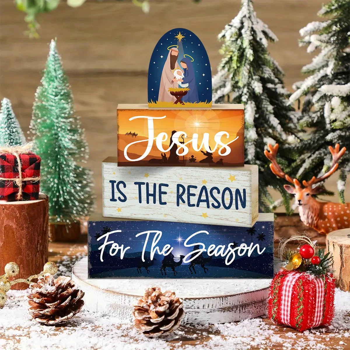 4pcs Wooden Christmas Decorative Plaques & Ornaments, Nativity Scene Tiered Tray Decor, Christmas Centerpiece, Nativity Scene Block Signs Gift, Farmhouse Winter Table Decoration for Home