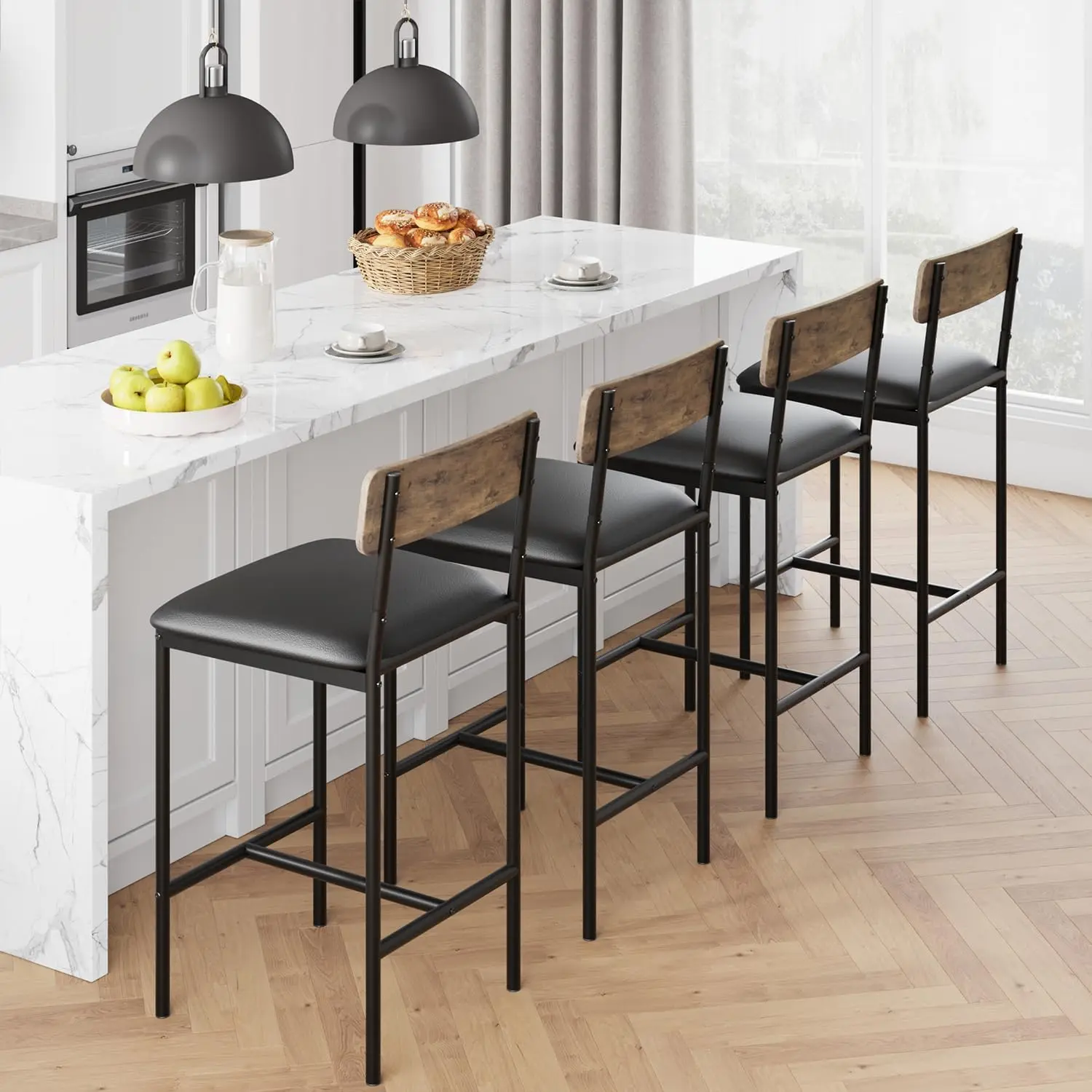 Set of 4 Bar Stools – 65cm Counter Height Dining Chairs – Upholstered Black Faux Leather, Sturdy Metal Legs, Ergonomic Backrest & Footrest – Modern Minimalist Design, Easy to Assemble, Ideal for Kitchen Island or Home Bar (Only Chair), 25.5" Seat Height,